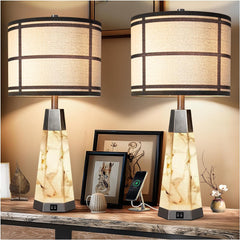 Natural Alabaster Nightstand Lamp Set of 2 with Night Light USB Ports Table Lamp with Linen Shade Bedside Lamp for Living Room Bedroom Home Office Hotel Bar House