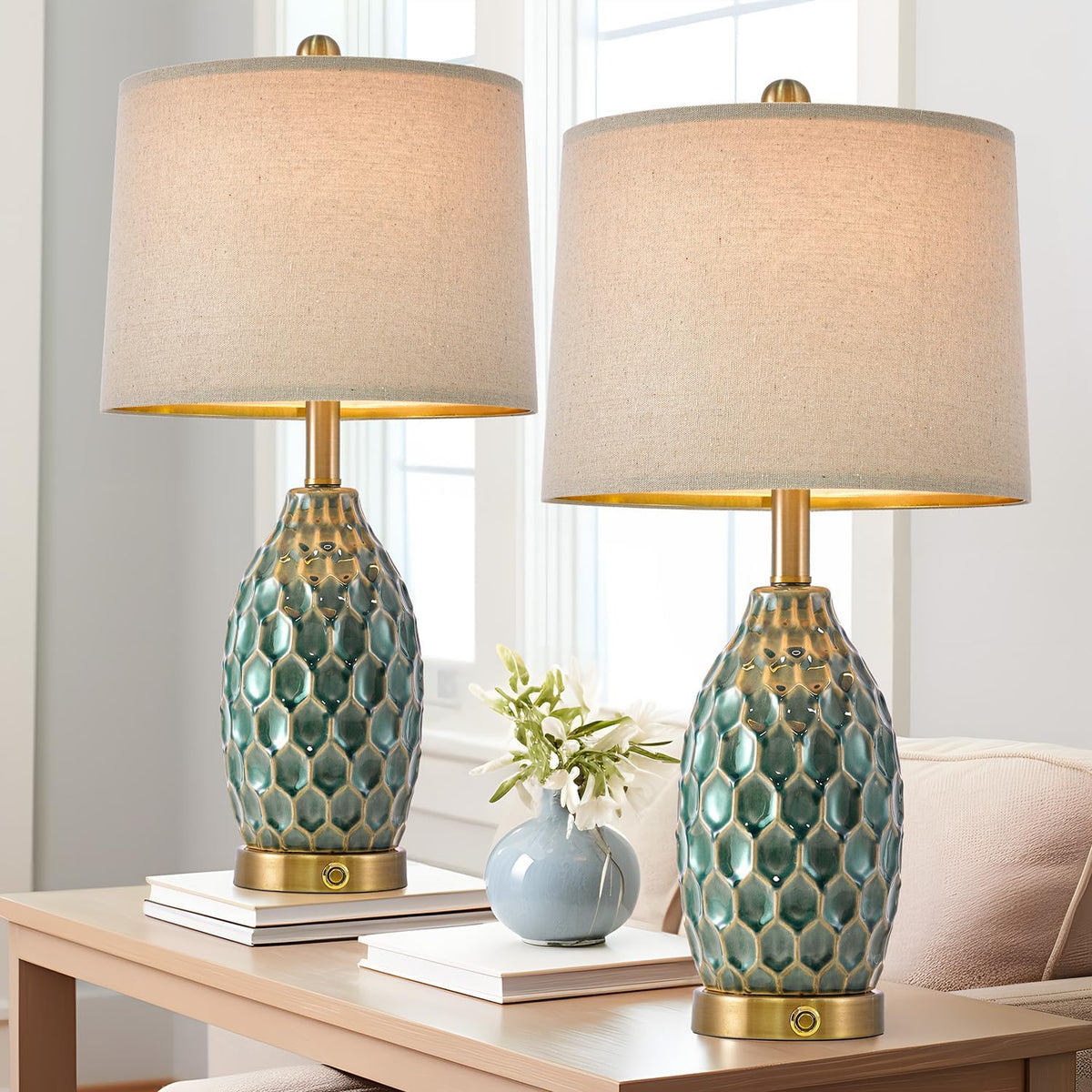 23.5" Modern Ceramic Table Lamp Set of 2 with 3-Way Touch Dimming & USB A+C Charging Ports – Ocean Blue Nightstand Bedside Lamps for Bedroom, Living Room, Office (2 Bulbs Included)