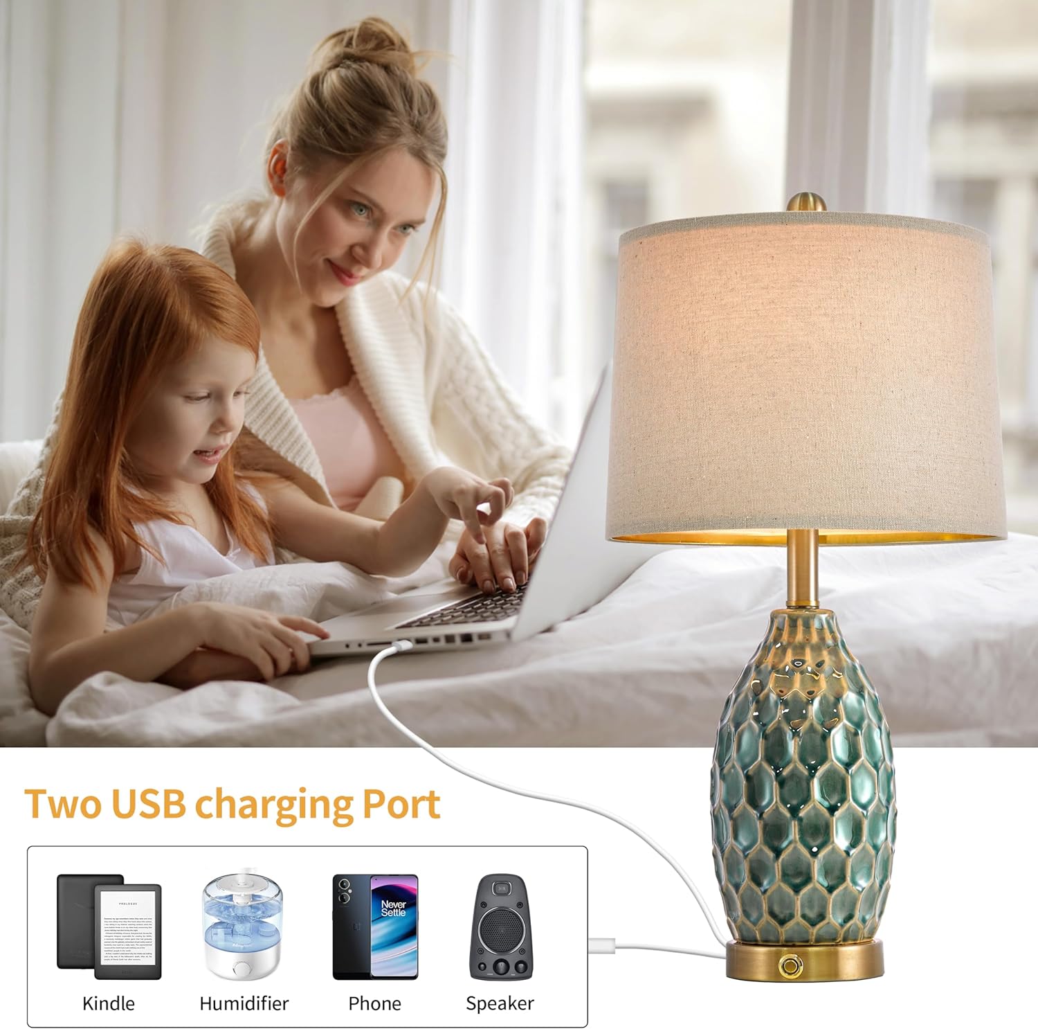 23.5" Modern Ceramic Table Lamp Set of 2 with 3-Way Touch Dimming & USB A+C Charging Ports – Ocean Blue Nightstand Bedside Lamps for Bedroom, Living Room, Office (2 Bulbs Included)