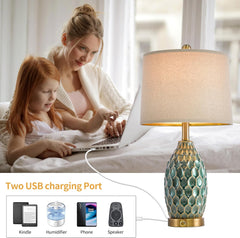 23.5" Modern Ceramic Table Lamp Set of 2 with 3-Way Touch Dimming & USB A+C Charging Ports – Ocean Blue Nightstand Bedside Lamps for Bedroom, Living Room, Office (2 Bulbs Included)