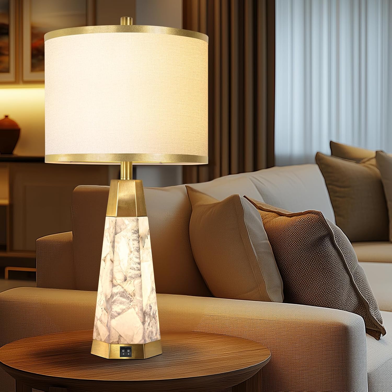 Natural Alabaster Nightstand Lamp Set of 2 with Night Light USB Ports Table Lamp with Linen Shade Bedside Lamp for Living Room Bedroom Home Office Hotel Bar House