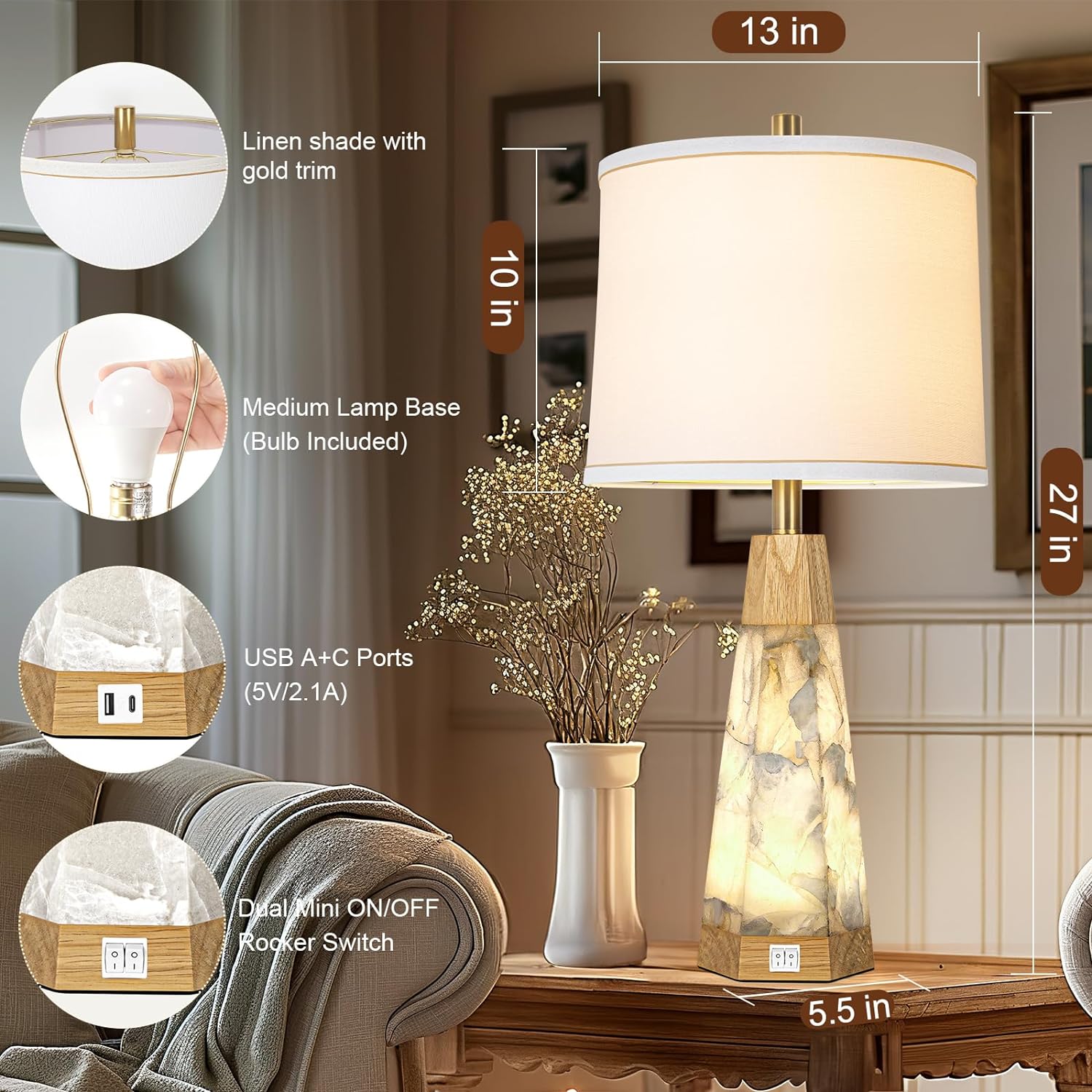 Natural Alabaster Nightstand Lamp Set of 2 with Night Light USB Ports Table Lamp with Linen Shade Bedside Lamp for Living Room Bedroom Home Office Hotel Bar House