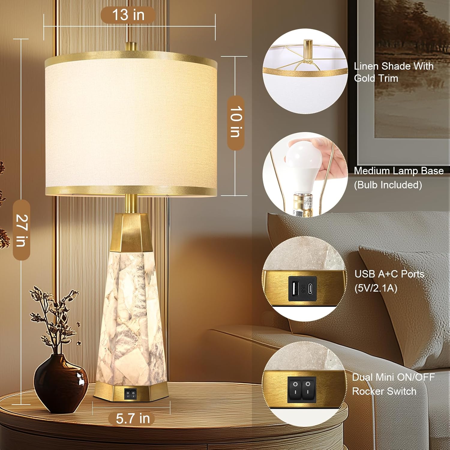Natural Alabaster Nightstand Lamp Set of 2 with Night Light USB Ports Table Lamp with Linen Shade Bedside Lamp for Living Room Bedroom Home Office Hotel Bar House