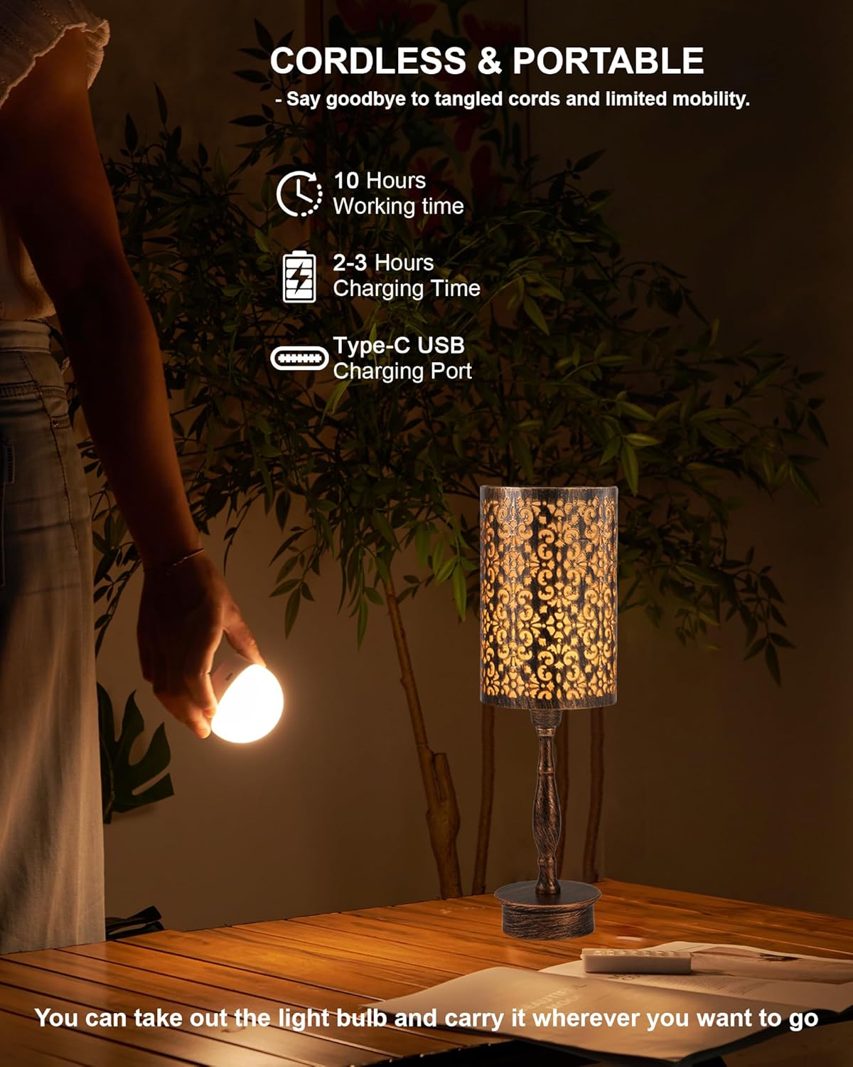 UMEXUS Cordless Table Lamp with Remote, Timer & Dimmer, RGB Small Rechargeable Battery Operated, Touch Bedside Night Lights, Antique Bronze Ambient Lighting, Patio Dining Side End Table Lamp