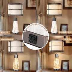 Natural Alabaster Nightstand Lamp Set of 2 with Night Light USB Ports Table Lamp with Linen Shade Bedside Lamp for Living Room Bedroom Home Office Hotel Bar House
