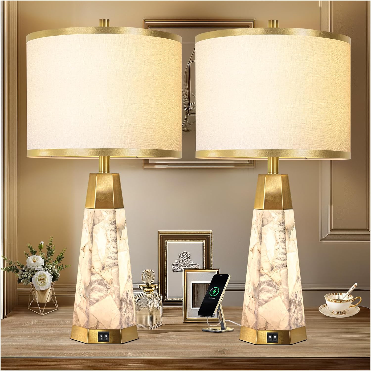 Natural Alabaster Nightstand Lamp Set of 2 with Night Light USB Ports Table Lamp with Linen Shade Bedside Lamp for Living Room Bedroom Home Office Hotel Bar House