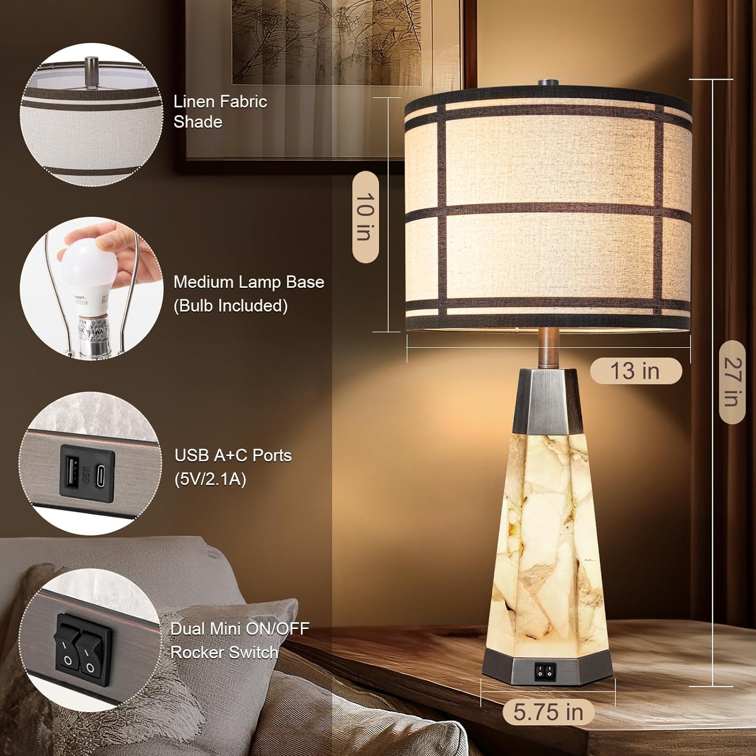 Natural Alabaster Nightstand Lamp Set of 2 with Night Light USB Ports Table Lamp with Linen Shade Bedside Lamp for Living Room Bedroom Home Office Hotel Bar House