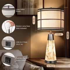 Natural Alabaster Nightstand Lamp Set of 2 with Night Light USB Ports Table Lamp with Linen Shade Bedside Lamp for Living Room Bedroom Home Office Hotel Bar House