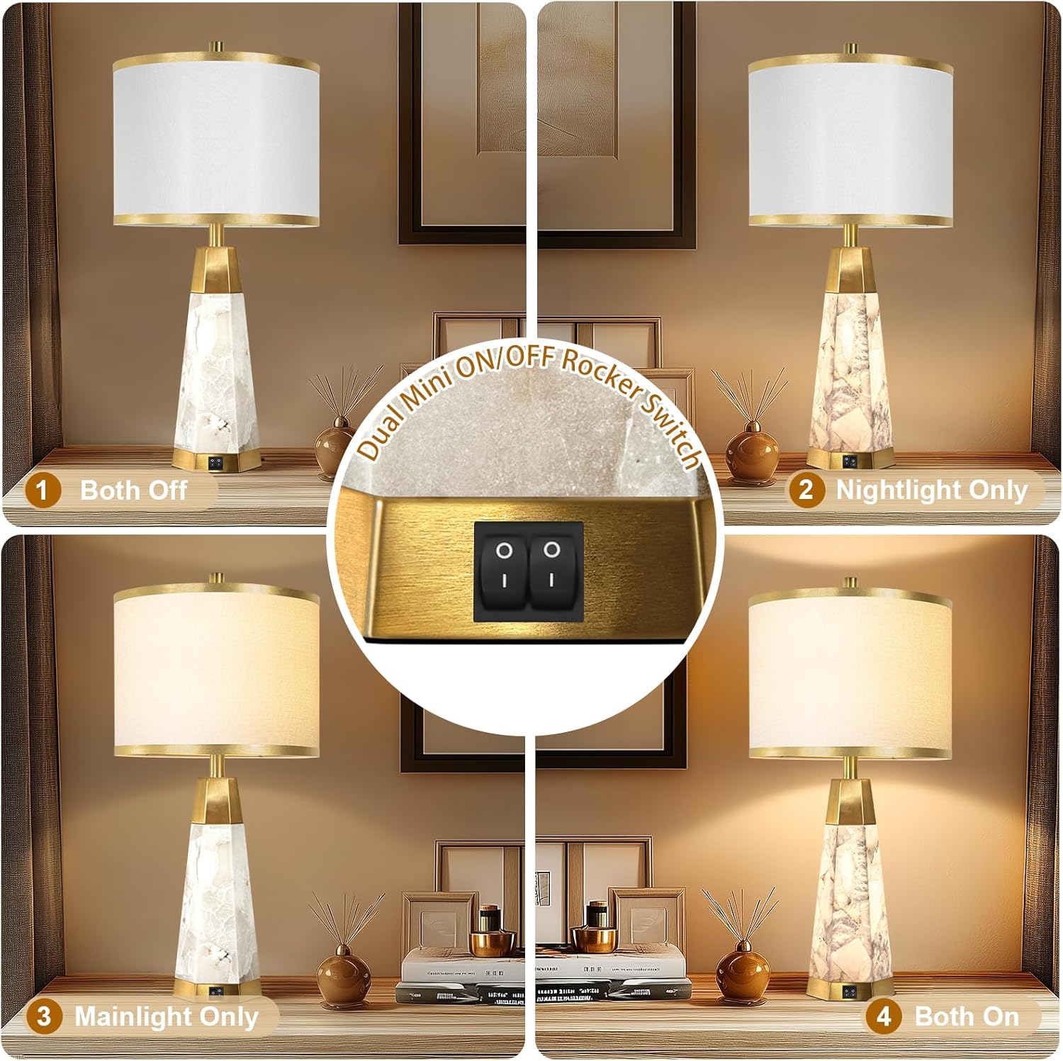 Natural Alabaster Nightstand Lamp Set of 2 with Night Light USB Ports Table Lamp with Linen Shade Bedside Lamp for Living Room Bedroom Home Office Hotel Bar House