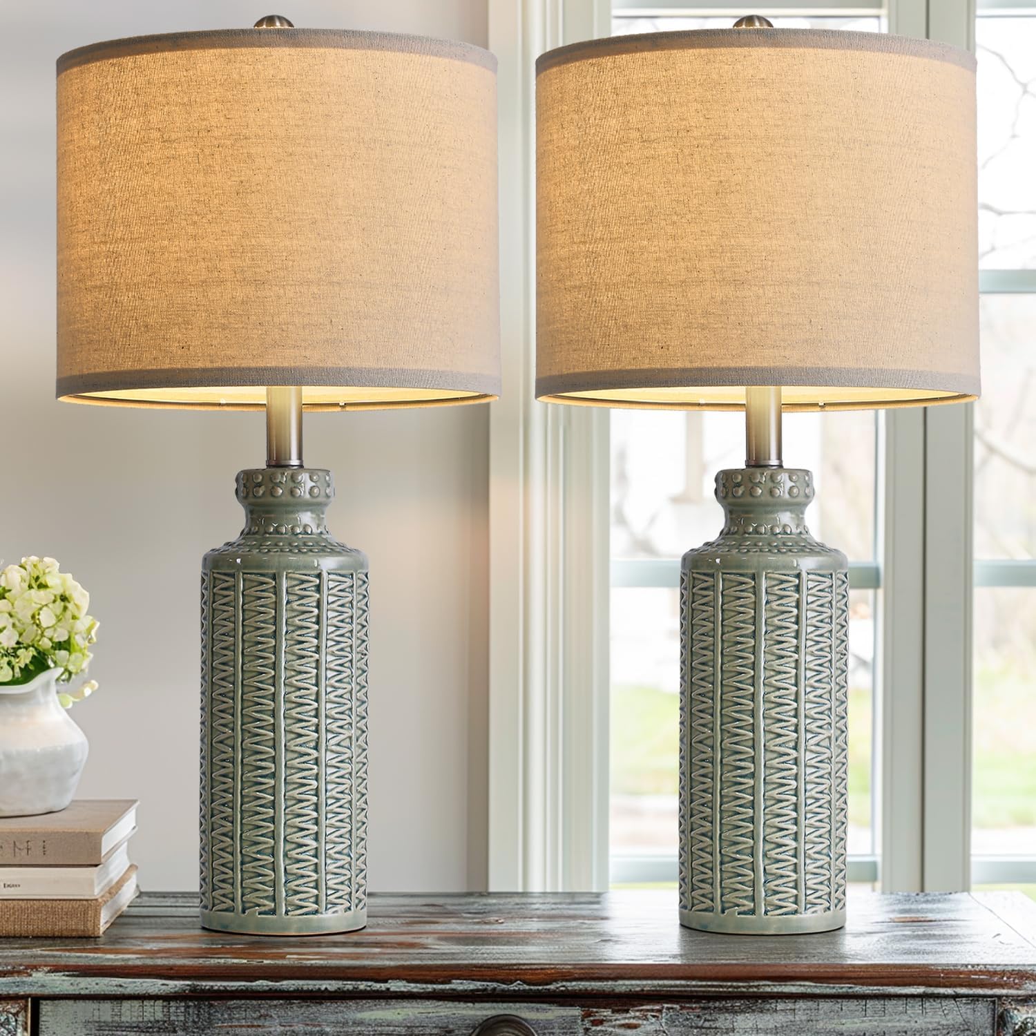 24.75'' Farmhouse Ceramic Table Lamp Set of 2 for Bedroom Living Room Vintage Traditional Rustic Modern White Nightstand Bedside Lamps