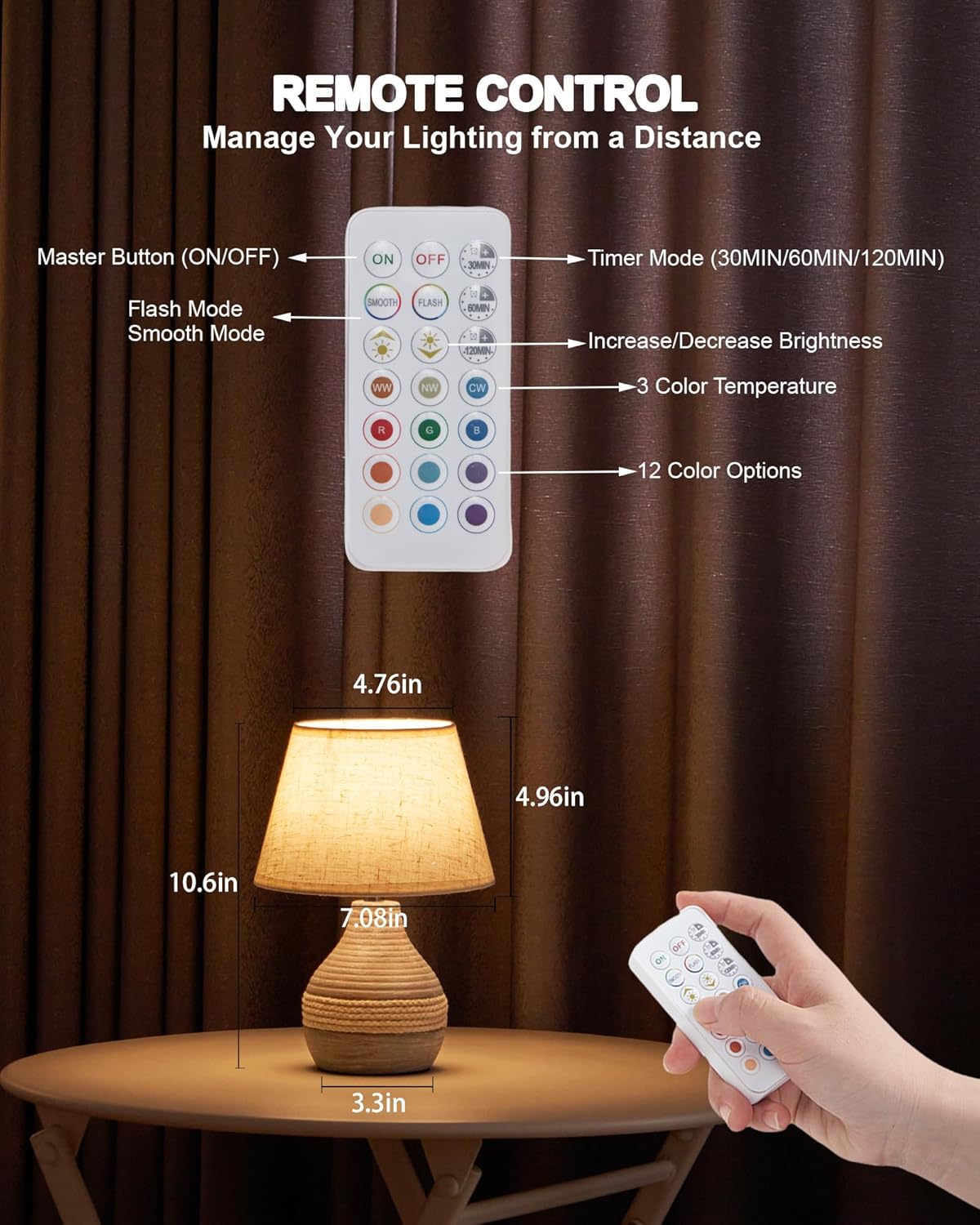 UMEXUS Ceramic Cordless Table Lamp with Timer, Dimmer, Linen Shade, Remote Control, Small Rechargeable Battery Light for Patio, Nightstand Lamp, Kitchen Counter Living Room Side Table, Bulb Included