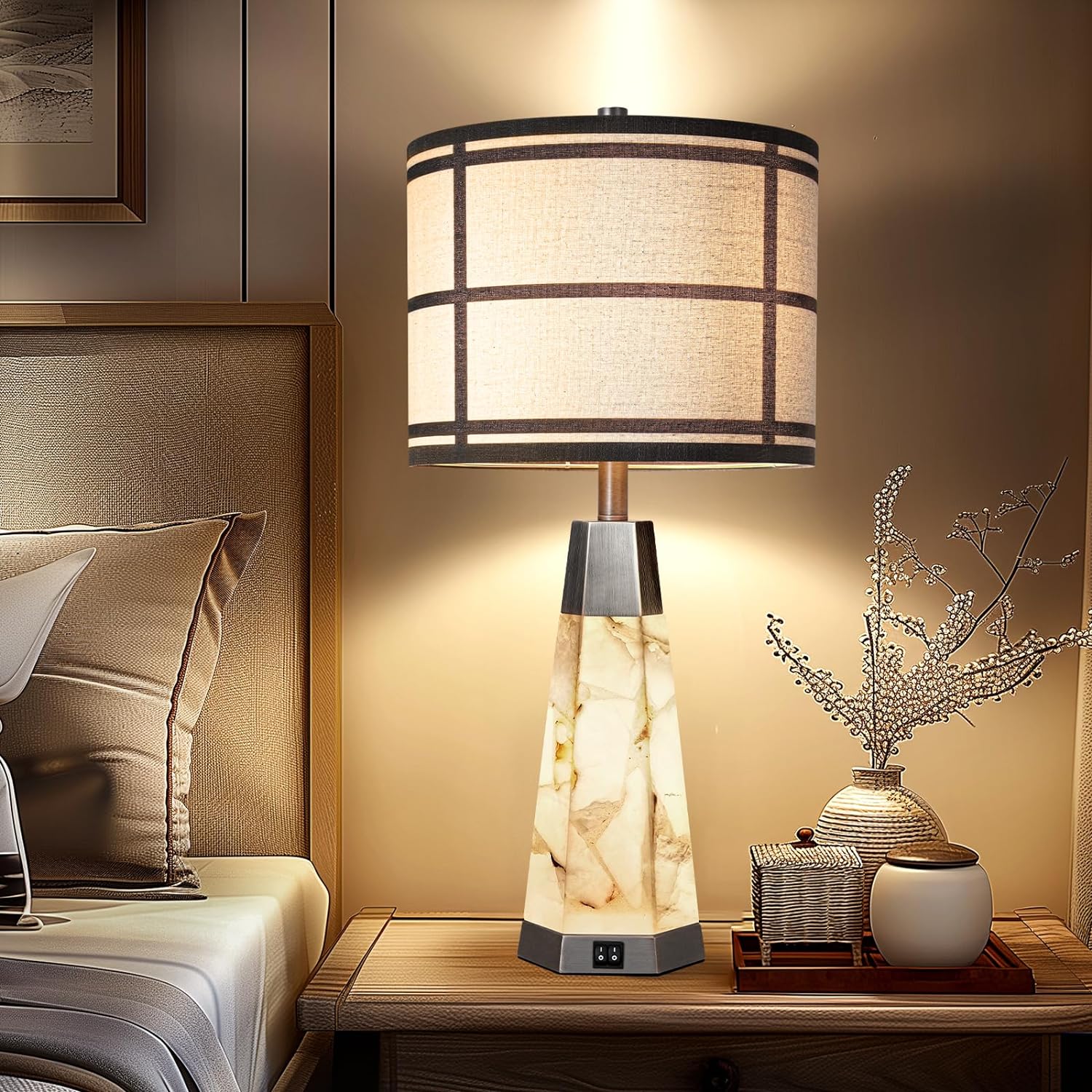 Natural Alabaster Nightstand Lamp Set of 2 with Night Light USB Ports Table Lamp with Linen Shade Bedside Lamp for Living Room Bedroom Home Office Hotel Bar House