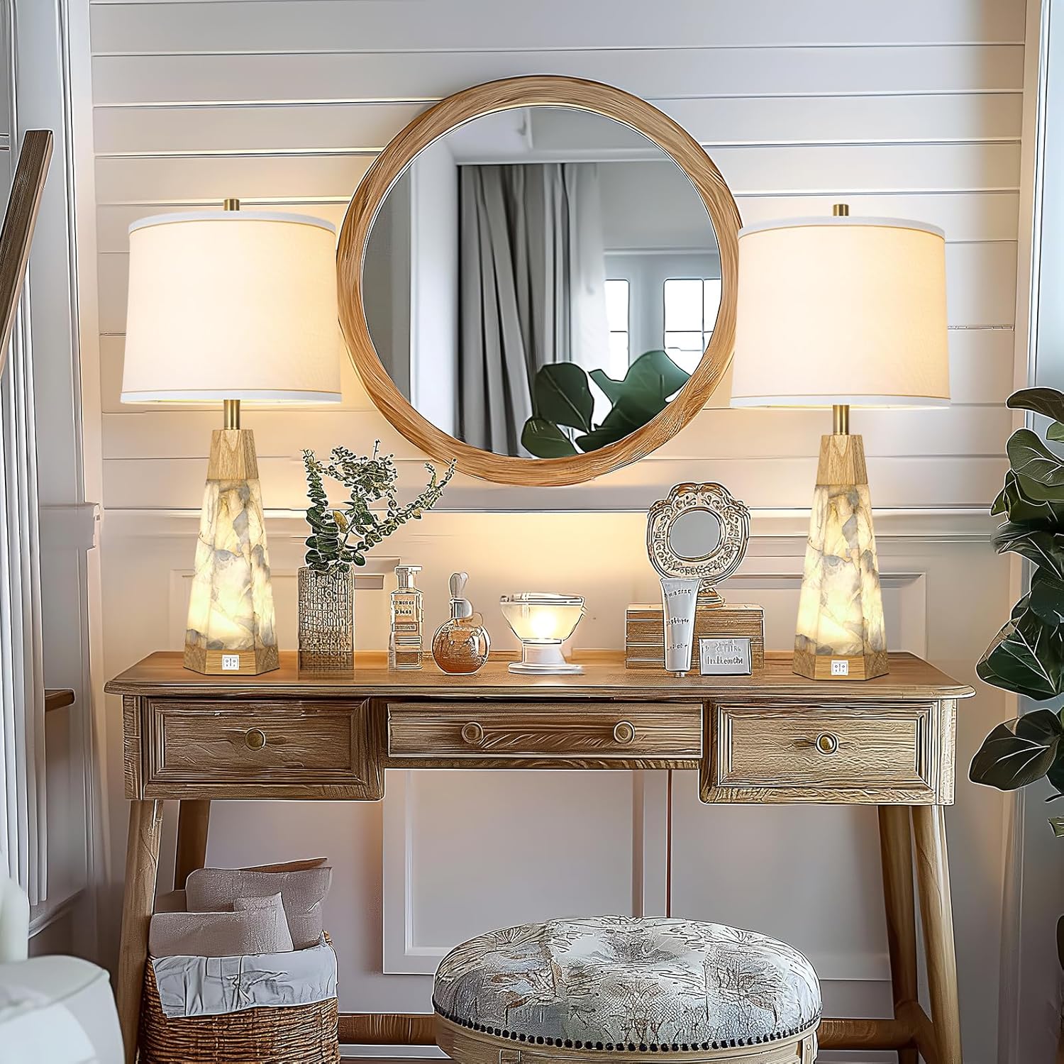 Natural Alabaster Nightstand Lamp Set of 2 with Night Light USB Ports Table Lamp with Linen Shade Bedside Lamp for Living Room Bedroom Home Office Hotel Bar House