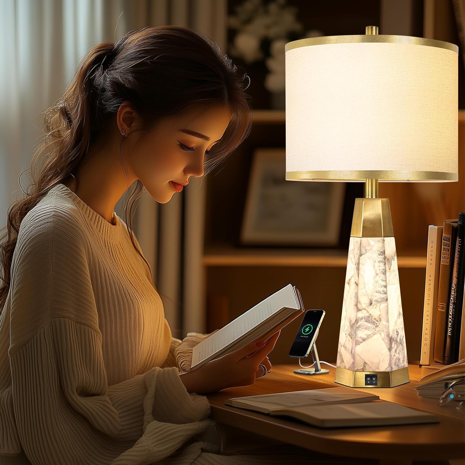Natural Alabaster Nightstand Lamp Set of 2 with Night Light USB Ports Table Lamp with Linen Shade Bedside Lamp for Living Room Bedroom Home Office Hotel Bar House